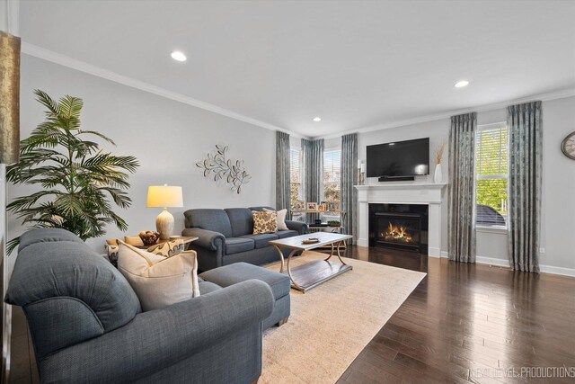 3S661 Breme Dr W, Warrenville, IL 60555 - living area featuring plenty of natural light, ornamental molding, a glass covered fireplace, dark wood-style flooring, and recessed lighting