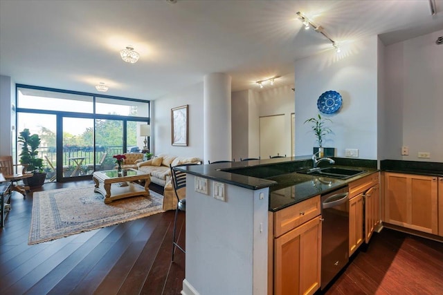 1322 S Prairie Ave Unit 406, Chicago, IL 60605 - kitchen featuring stainless steel dishwasher, open floor plan, expansive windows, a peninsula, and dark stone counters