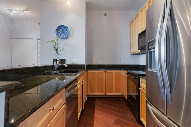 1322 S Prairie Ave Unit 406, Chicago, IL 60605 - kitchen with black appliances, dark wood-type flooring, and dark stone countertops