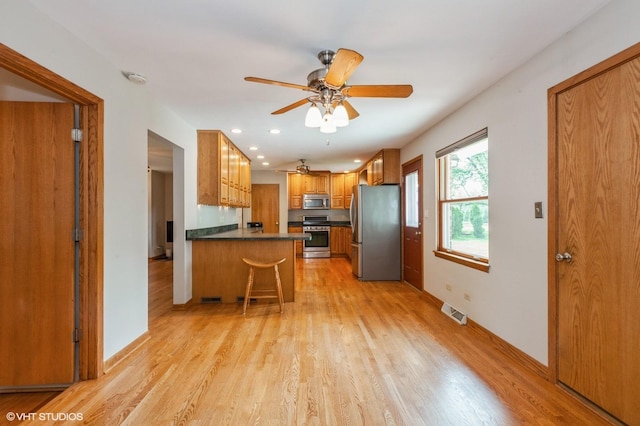 25W251 Highview Dr, Naperville, IL 60563 - kitchen with stainless steel appliances, a peninsula, light wood-type flooring, a ceiling fan, and recessed lighting