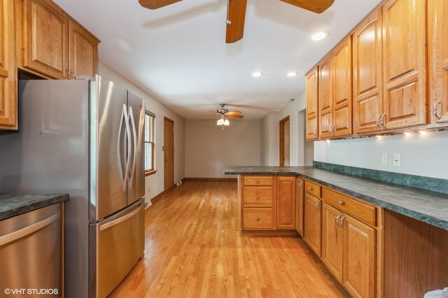 25W251 Highview Dr, Naperville, IL 60563 - kitchen featuring ceiling fan, stainless steel appliances, recessed lighting, dark countertops, and light wood-style floors