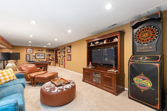 1860 Haverford Dr, Algonquin, IL 60102 - living room with light carpet, recessed lighting, and billiards table