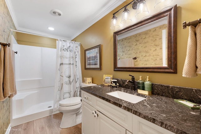1860 Haverford Dr, Algonquin, IL 60102 - bathroom featuring vanity, crown molding, wood finished floors, and a shower with shower curtain