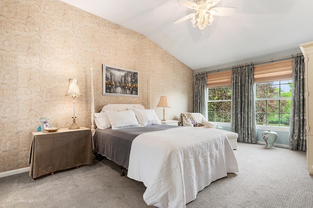 1860 Haverford Dr, Algonquin, IL 60102 - carpeted bedroom with lofted ceiling, wallpapered walls, and ceiling fan