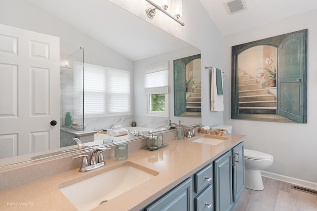 1860 Haverford Dr, Algonquin, IL 60102 - bathroom featuring lofted ceiling, double vanity, wood finished floors, and a shower