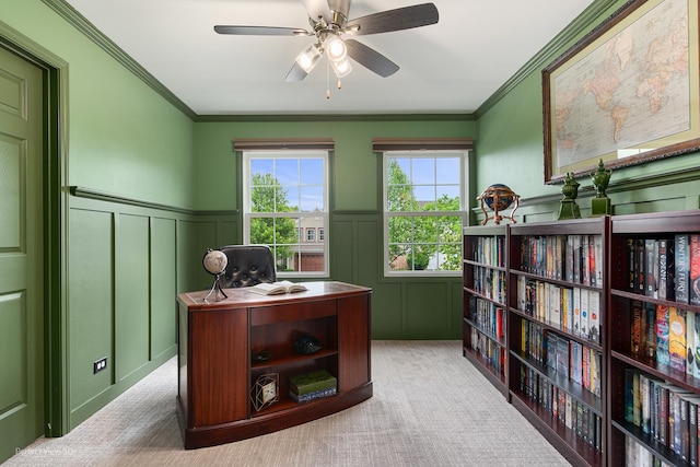 1860 Haverford Dr, Algonquin, IL 60102 - office space featuring a decorative wall, a ceiling fan, carpet floors, a wainscoted wall, and crown molding