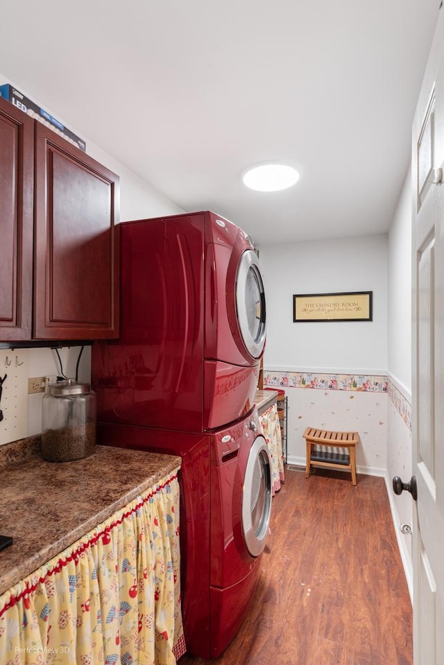 1860 Haverford Dr, Algonquin, IL 60102 - washroom with stacked washer and clothes dryer, cabinet space, and dark wood-style flooring