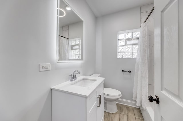 full bathroom with vanity, wood finished floors, and a shower with shower curtain