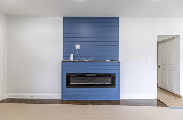 detailed view of wood finished floors and a fireplace