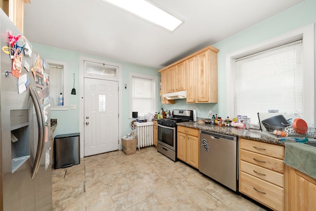 5010 N California Ave, Chicago, IL 60625 - kitchen with appliances with stainless steel finishes, light brown cabinets, radiator, and under cabinet range hood