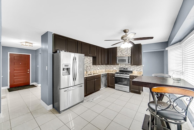 17804 Pebblewood Ln, Hazel Crest, IL 60429 - kitchen featuring appliances with stainless steel finishes, decorative backsplash, dark brown cabinets, light countertops, and ceiling fan