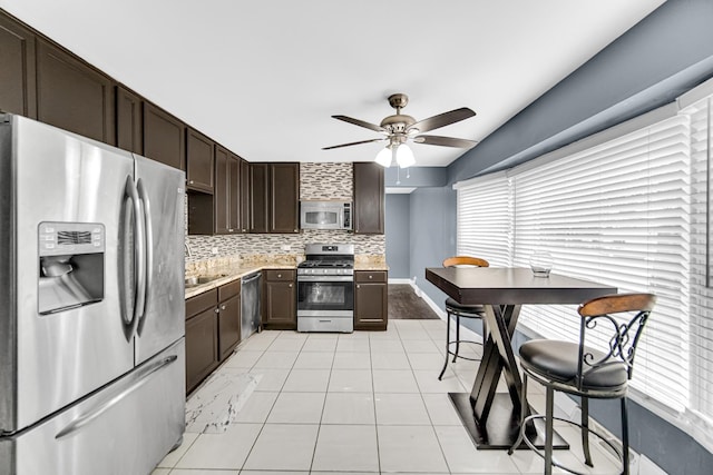17804 Pebblewood Ln, Hazel Crest, IL 60429 - kitchen with appliances with stainless steel finishes, dark brown cabinets, decorative backsplash, ceiling fan, and light countertops