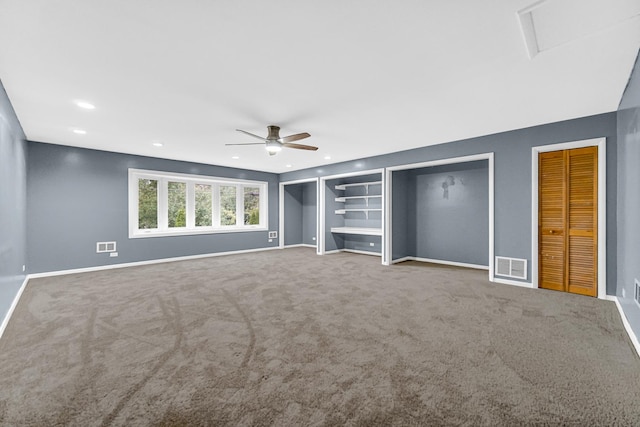 17804 Pebblewood Ln, Hazel Crest, IL 60429 - unfurnished bedroom featuring two closets, carpet flooring, attic access, recessed lighting, and ceiling fan