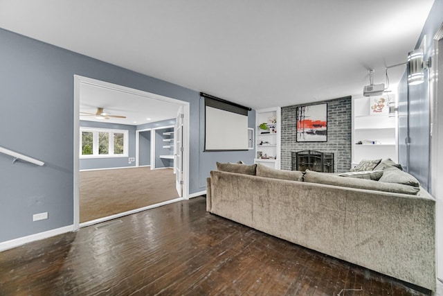 17804 Pebblewood Ln, Hazel Crest, IL 60429 - living room with a brick fireplace, hardwood / wood-style floors, ceiling fan, and built in features