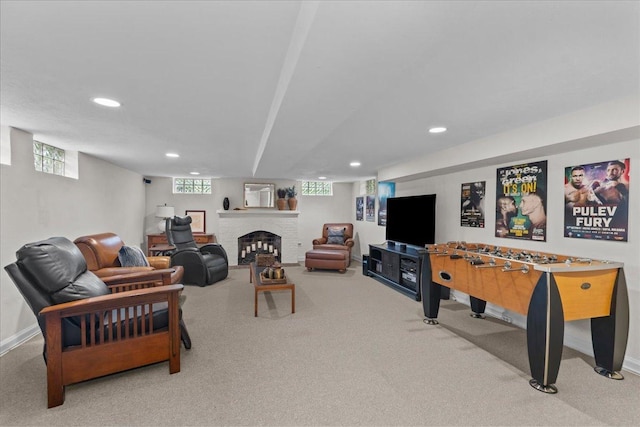 355 Myrtle St, Winnetka, IL 60093 - carpeted living room with recessed lighting and a fireplace