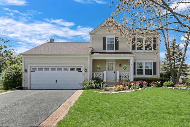 768 Fieldstone Dr, Lake Villa, IL 60046 - traditional-style house with asphalt driveway, a front lawn, a garage, and a porch