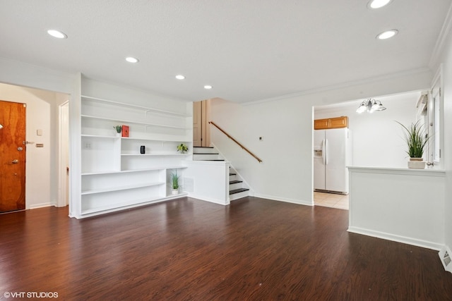 2208 Foster St Unit A, Evanston, IL 60201 - unfurnished living room featuring recessed lighting, stairs, wood finished floors, and ornamental molding