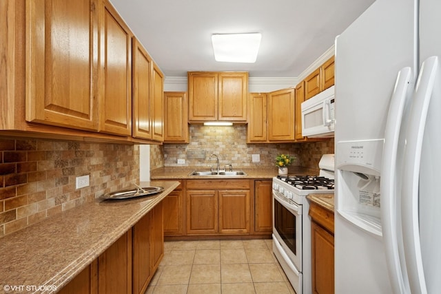 2208 Foster St Unit A, Evanston, IL 60201 - kitchen with white appliances, decorative backsplash, light tile patterned flooring, and brown cabinets