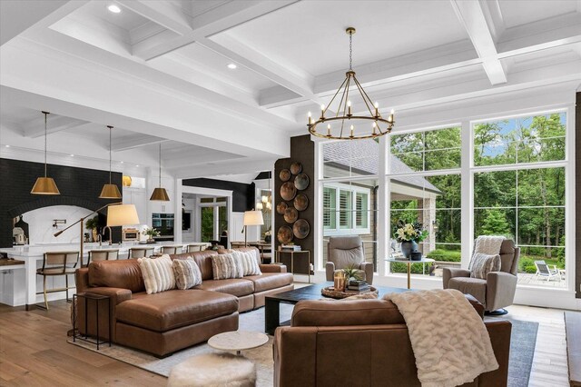 2611 Private Access 424, Mahomet, IL 61853 - living room featuring coffered ceiling, wood finished floors, beamed ceiling, a chandelier, and plenty of natural light