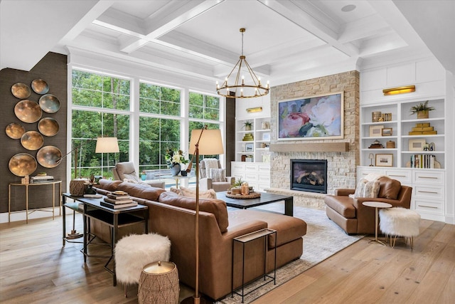 2611 Private Access 424, Mahomet, IL 61853 - living area with hardwood / wood-style flooring, coffered ceiling, beamed ceiling, plenty of natural light, and a chandelier