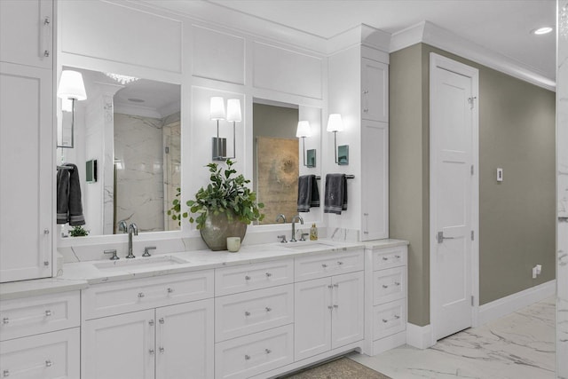 2611 Private Access 424, Mahomet, IL 61853 - full bath with crown molding, double vanity, marble finish flooring, a marble finish shower, and recessed lighting