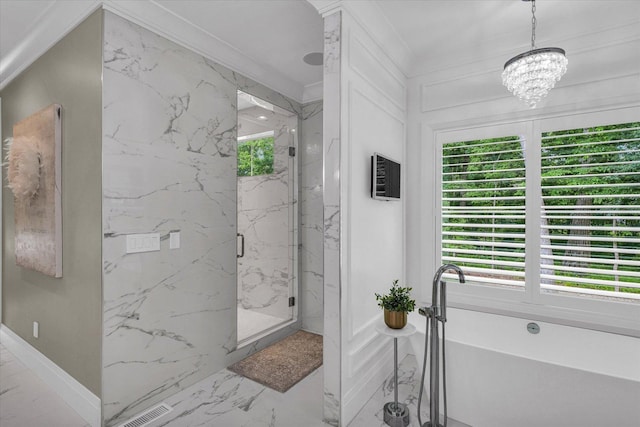 2611 Private Access 424, Mahomet, IL 61853 - full bathroom with a marble finish shower, a soaking tub, marble tiled flooring, a chandelier, and crown molding
