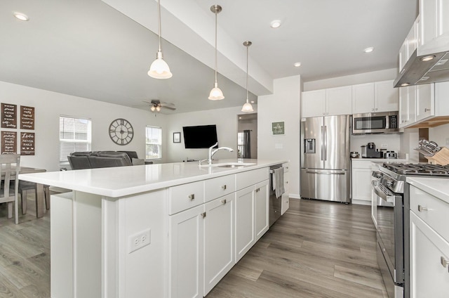 3068 Grande Trl, Yorkville, IL 60560 - kitchen with stainless steel appliances, wall chimney range hood, a ceiling fan, light countertops, and white cabinetry