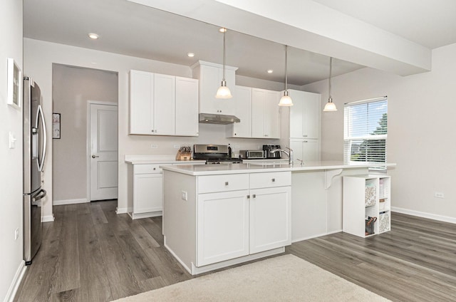 3068 Grande Trl, Yorkville, IL 60560 - kitchen with stainless steel appliances, under cabinet range hood, dark wood-type flooring, white cabinetry, and recessed lighting