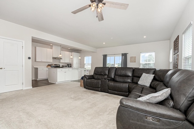 3068 Grande Trl, Yorkville, IL 60560 - living area featuring dark colored carpet, ceiling fan, and recessed lighting