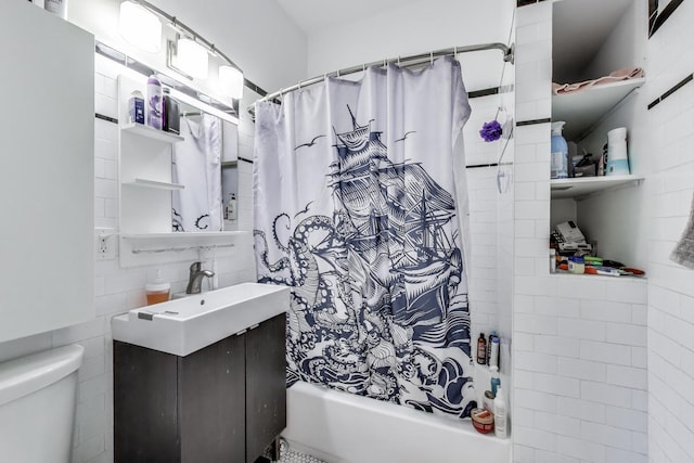 2150 W Coulter St, Chicago, IL 60608 - bathroom with tile walls, shower / bathtub combination with curtain, and vanity
