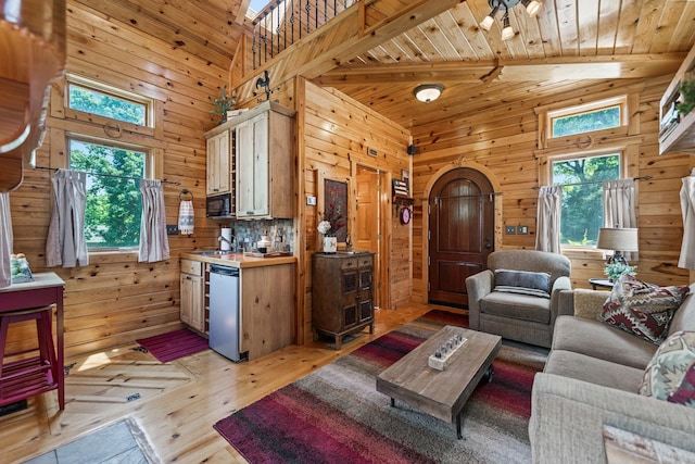 7N230 Sims Ln, Saint Charles, IL 60175 - living area with light wood-style flooring, wooden walls, and high vaulted ceiling