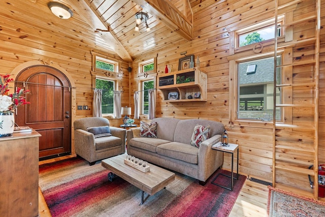 7N230 Sims Ln, Saint Charles, IL 60175 - living room with wood finished floors, a wood ceiling with exposed beams, wooden walls, and high vaulted ceiling