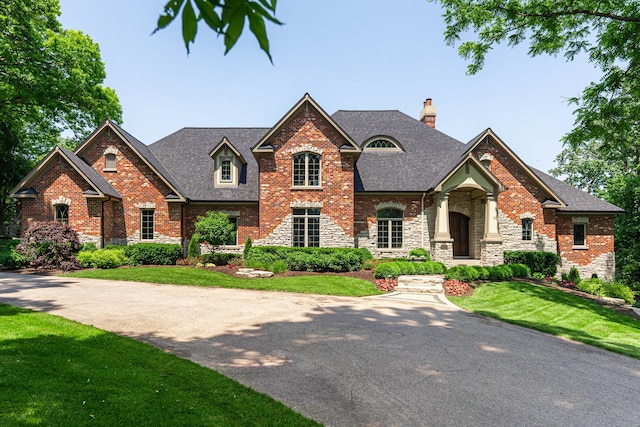 7N230 Sims Ln, Saint Charles, IL 60175 - view of front of property with a chimney, stone siding, a front lawn, roof with shingles, and brick siding