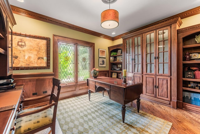 7N230 Sims Ln, Saint Charles, IL 60175 - home office featuring crown molding, wainscoting, and light wood-style flooring