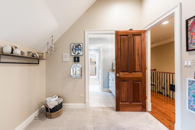 7N230 Sims Ln, Saint Charles, IL 60175 - hallway with vaulted ceiling and light carpet