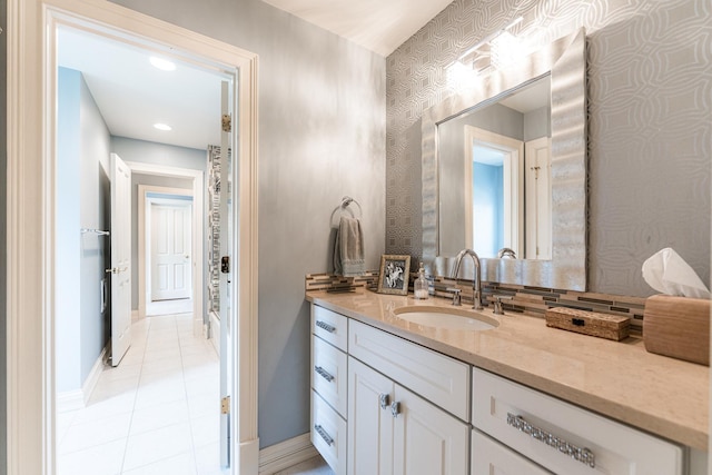 7N230 Sims Ln, Saint Charles, IL 60175 - bathroom featuring wallpapered walls, vanity, tile patterned floors, and recessed lighting