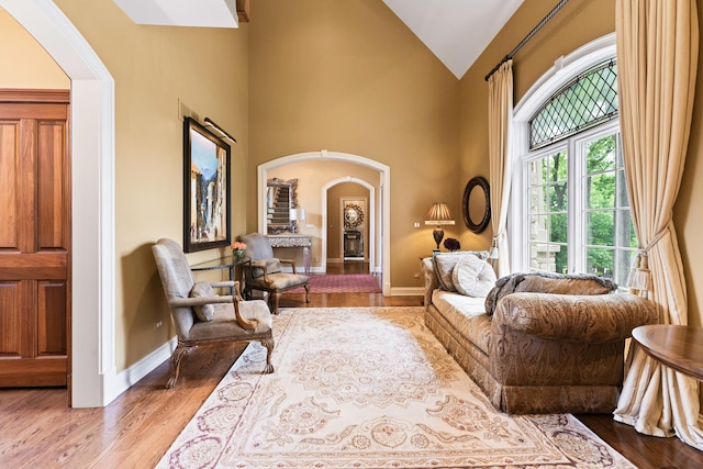 7N230 Sims Ln, Saint Charles, IL 60175 - living area featuring arched walkways, wood finished floors, and high vaulted ceiling