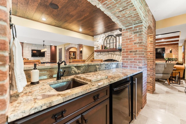 7N230 Sims Ln, Saint Charles, IL 60175 - kitchen with wood ceiling, open floor plan, light stone counters, black dishwasher, and dark brown cabinetry