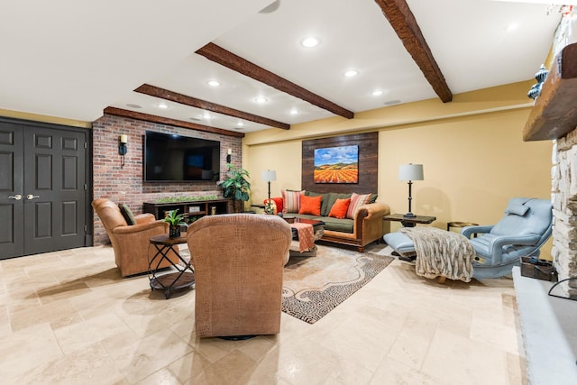 7N230 Sims Ln, Saint Charles, IL 60175 - living room featuring a fireplace, beamed ceiling, and recessed lighting