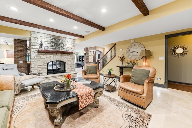 7N230 Sims Ln, Saint Charles, IL 60175 - living area featuring beam ceiling, a fireplace, stairs, and recessed lighting