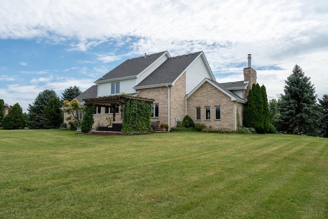 16520 Tameling Dr, Lockport, IL 60441 - back of house featuring a pergola, a chimney, a yard, and brick siding