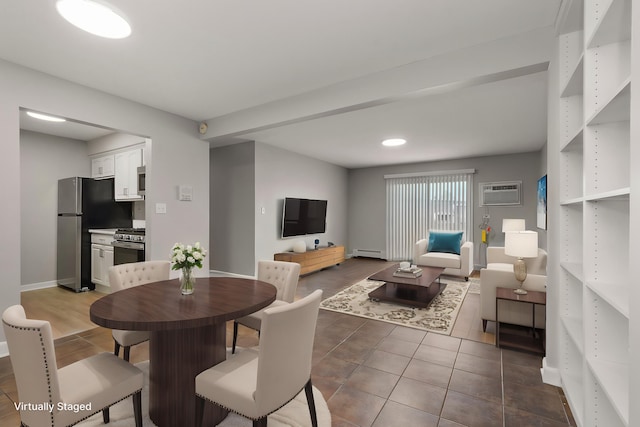 254 E Bailey Rd Unit M, Naperville, IL 60565 - dining space featuring a wall mounted air conditioner, a baseboard heating unit, dark tile patterned floors, and recessed lighting