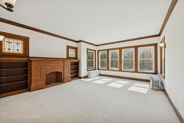 6208 N Artesian Ave, Chicago, IL 60659 - unfurnished living room with radiator, carpet flooring, radiator heating unit, and crown molding