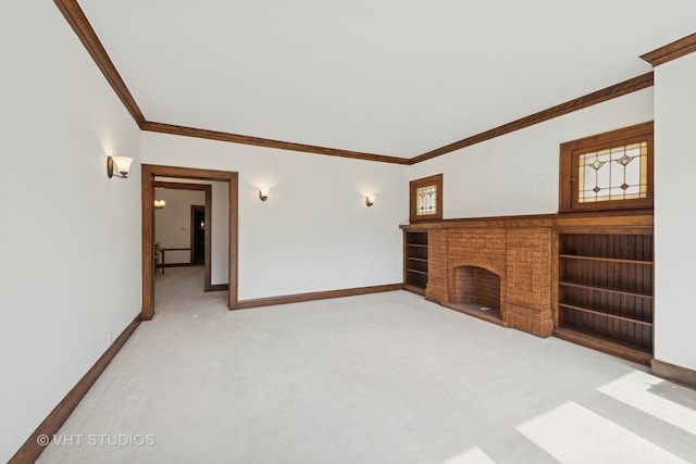 6208 N Artesian Ave, Chicago, IL 60659 - unfurnished living room with light colored carpet, crown molding, and a brick fireplace