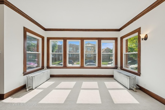 6208 N Artesian Ave, Chicago, IL 60659 - unfurnished sunroom featuring radiator, ornamental molding, carpet flooring, and healthy amount of natural light