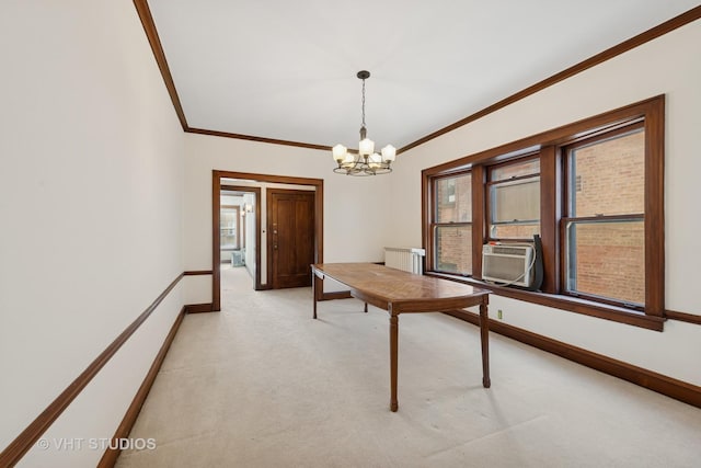 6208 N Artesian Ave, Chicago, IL 60659 - unfurnished dining area with cooling unit, crown molding, light carpet, a chandelier, and radiator