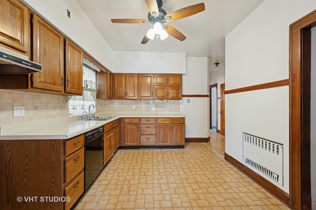 6208 N Artesian Ave, Chicago, IL 60659 - kitchen with dishwasher, a ceiling fan, radiator heating unit, decorative backsplash, and brown cabinetry