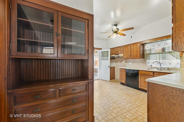 6208 N Artesian Ave, Chicago, IL 60659 - kitchen with black dishwasher, brown cabinetry, ceiling fan, glass insert cabinets, and light countertops