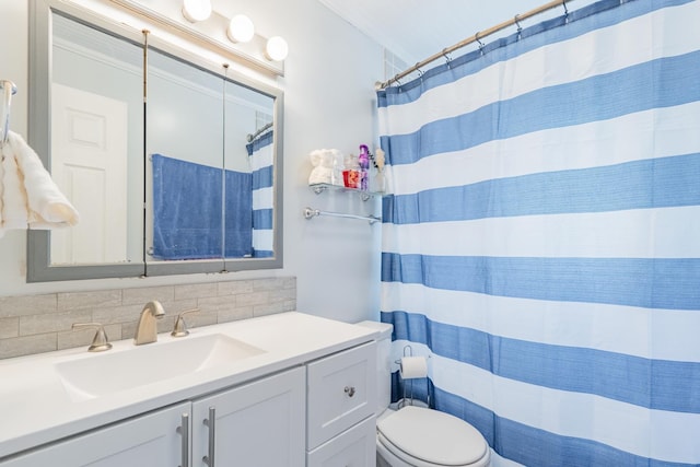 416 S Nelson Ave, Morton, IL 61550 - bathroom featuring vanity, tasteful backsplash, and a shower with curtain