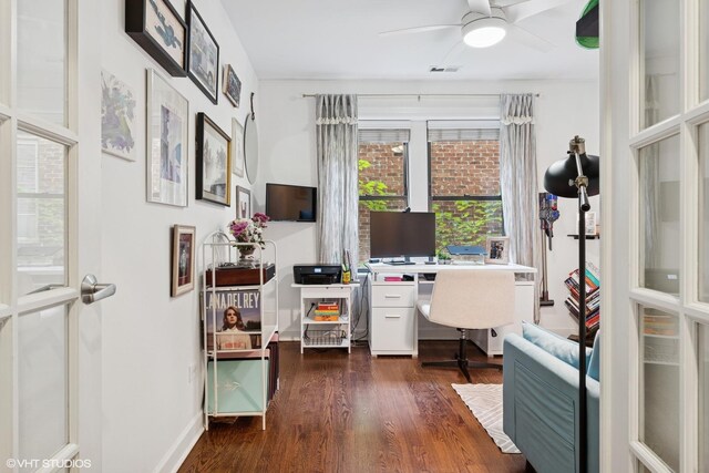 2128 N Hudson Ave Unit 204, Chicago, IL 60614 - office area with dark wood finished floors and a ceiling fan